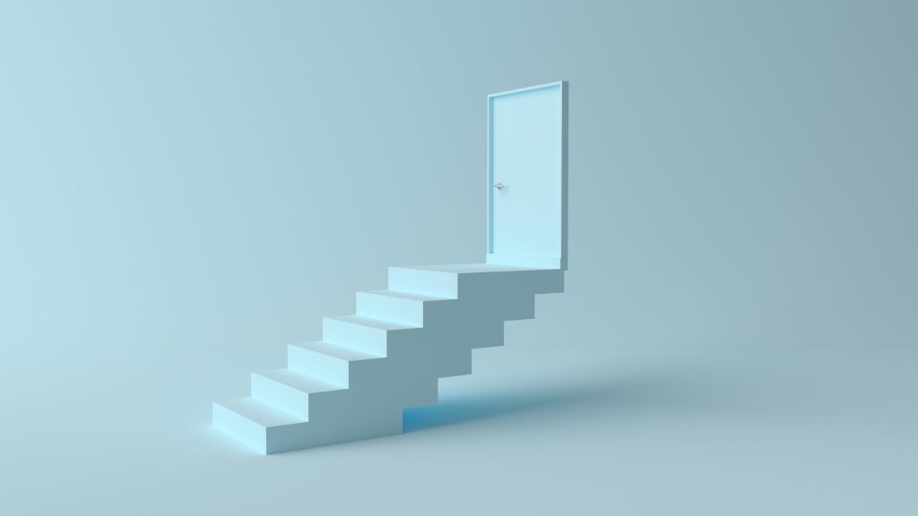 Un escalier bleu minimaliste menant vers une porte fermée sur fond monochrome, illustration conceptuelle pour développer son entreprise avec méthode.